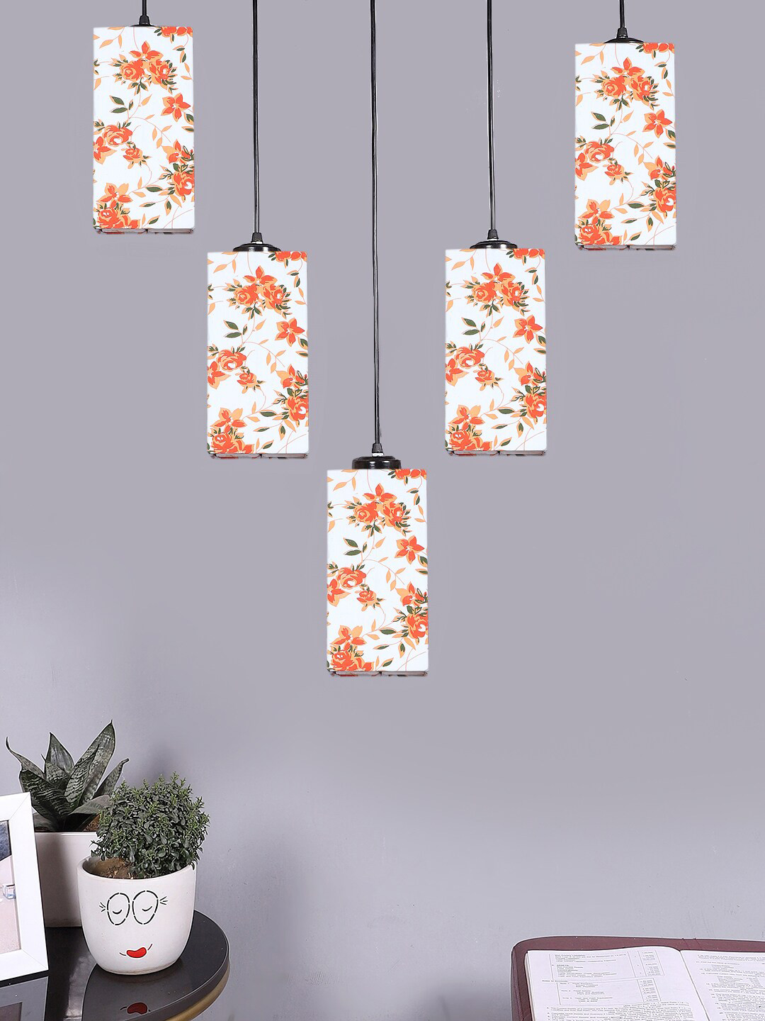 Devansh White Floral Printed Quintuplet Hanging Ceiling Lamp