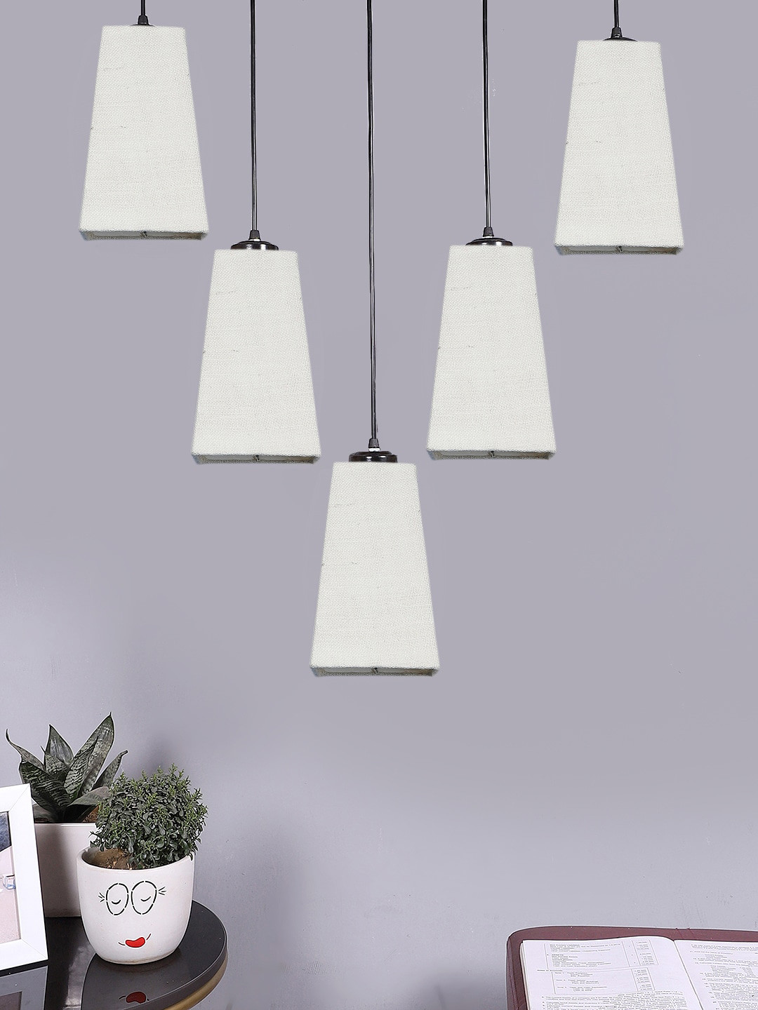 Devansh White & Black Pyramid Quintuple Ceiling Hanging Ceiling Lamps