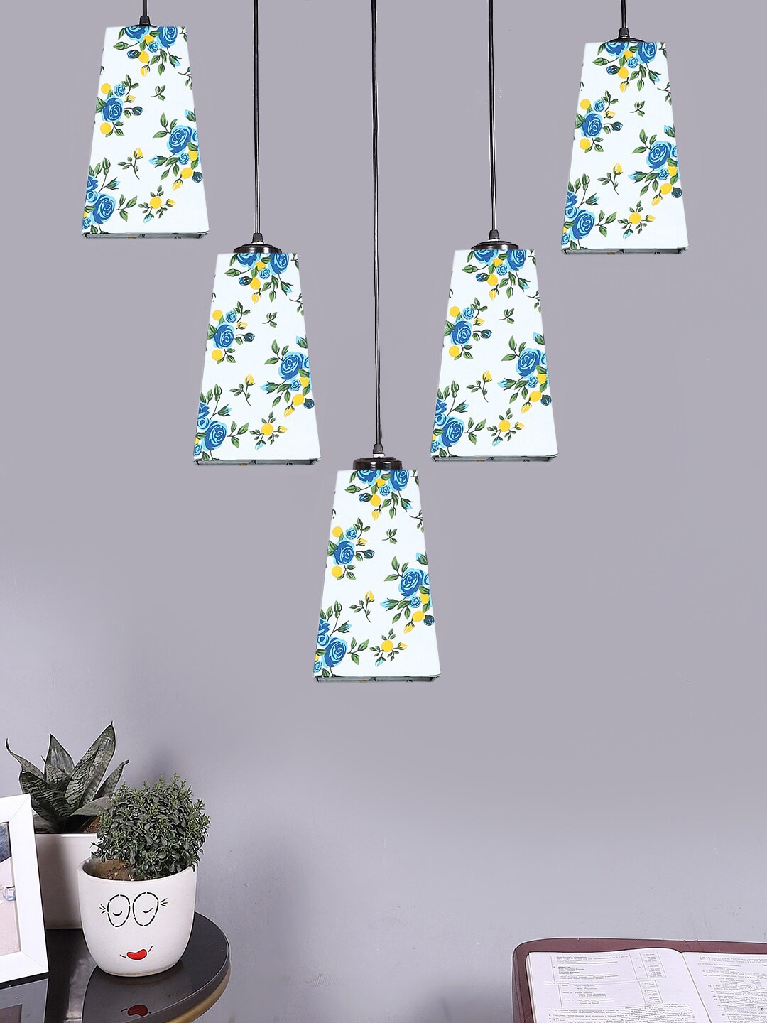 Devansh Blue & Green Cotton Pyramid Quintuple Hanging Lamp