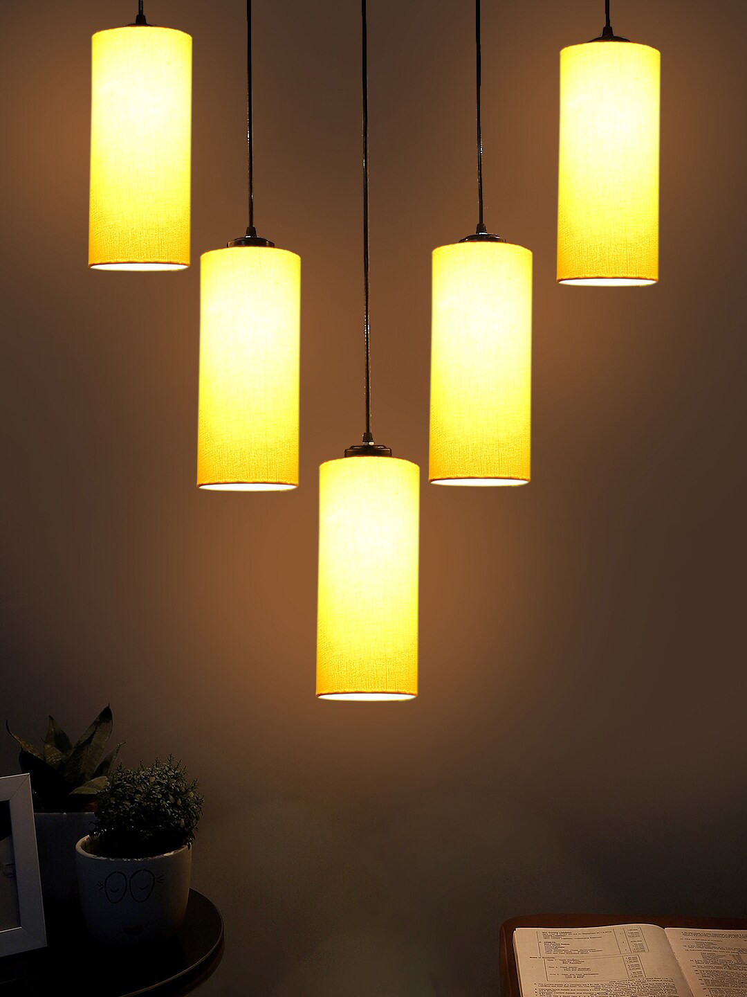 Devansh Yellow & Black Cotton Cylinder Shaped Quintuple Hanging Lamp