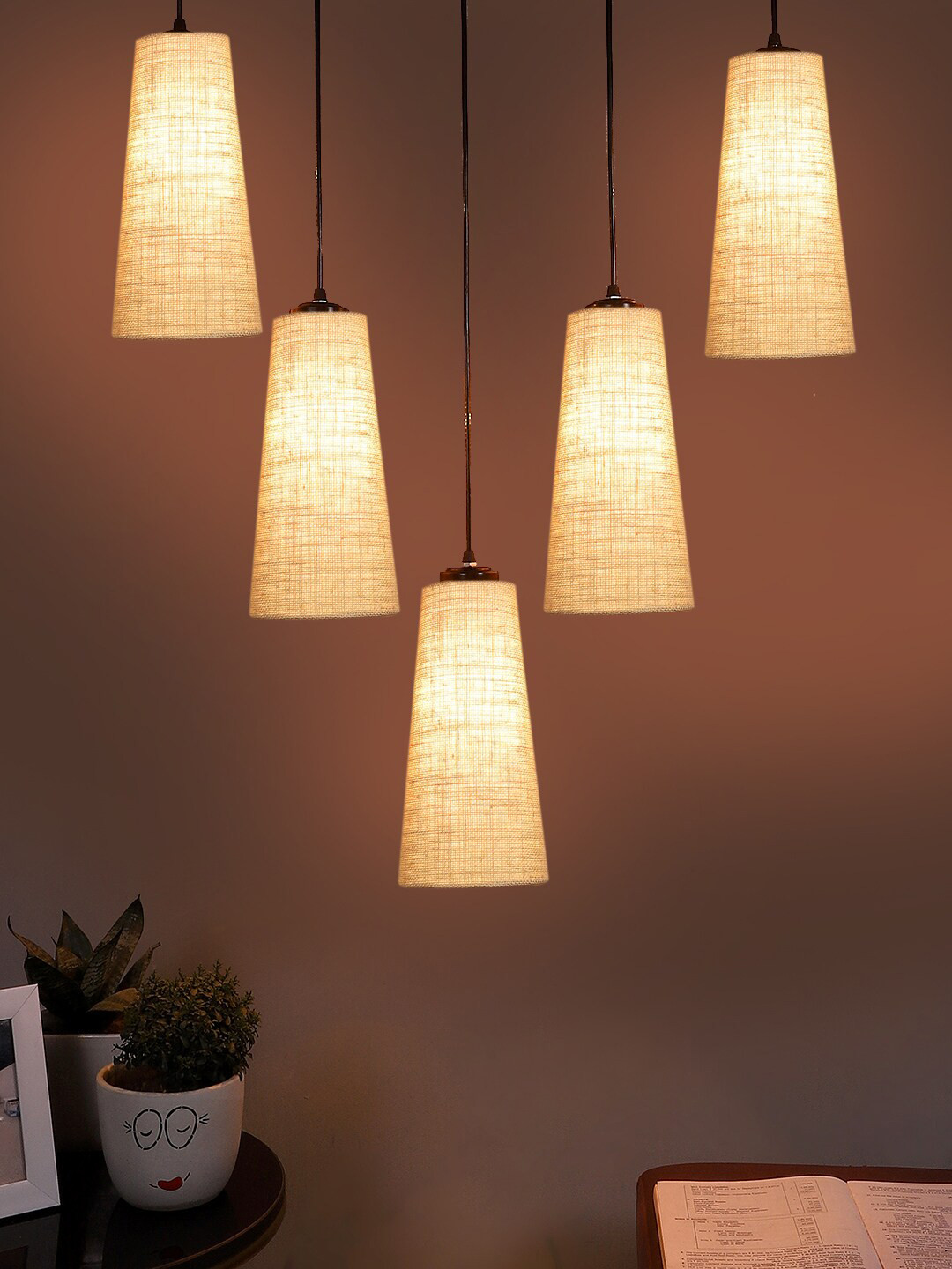 Devansh Beige 5 Pieces Conical Shaped Jute Hanging Lamps