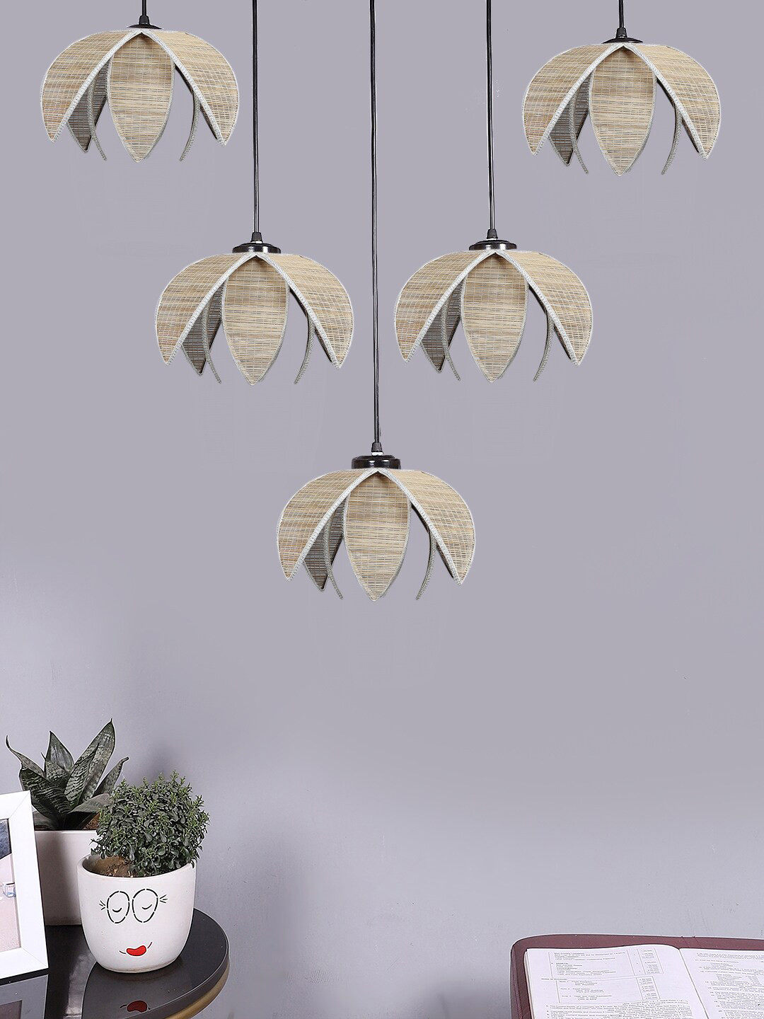Devansh Beige Rose Bamboo Quintuple Hanging Lamp