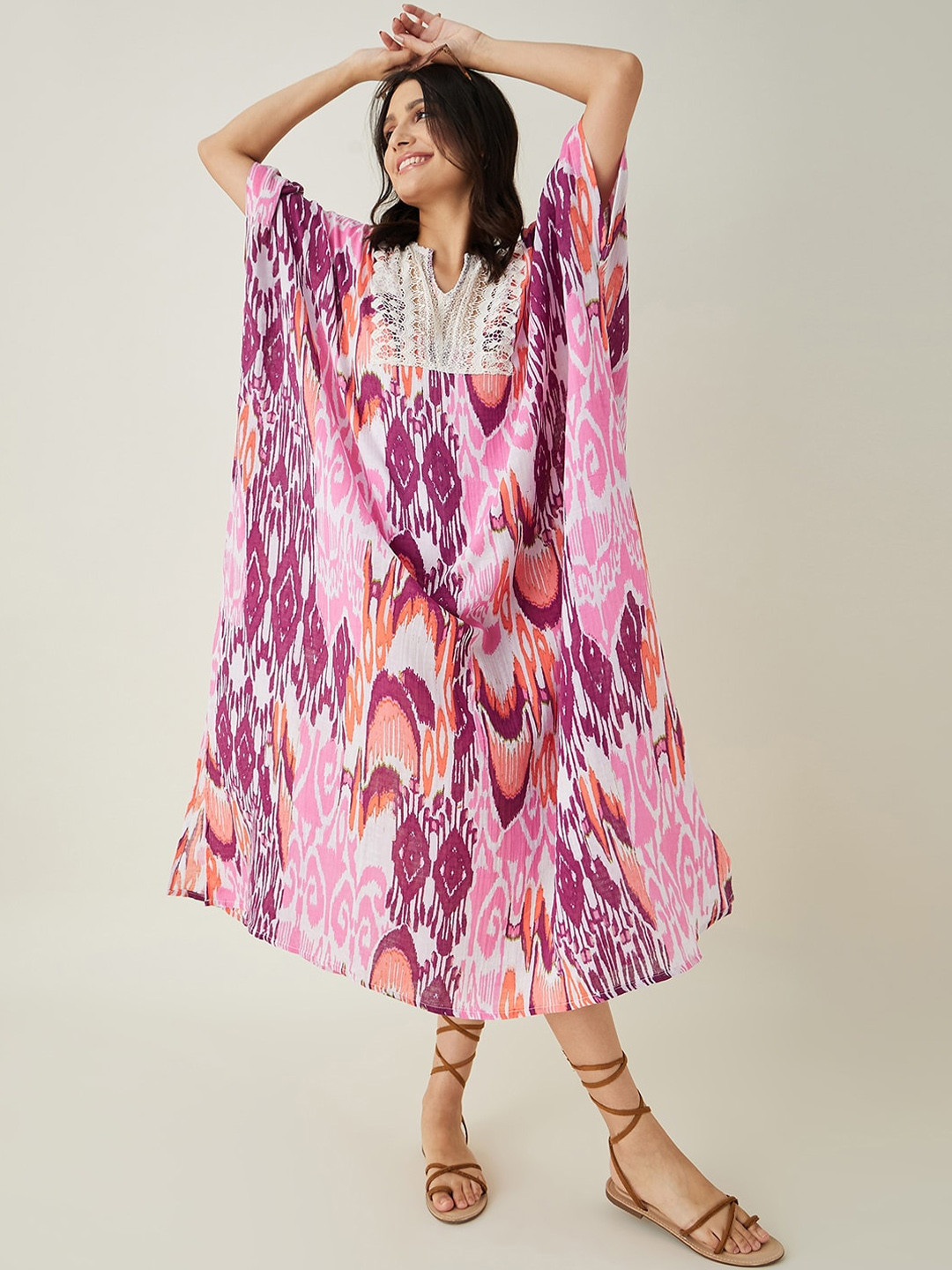 The Kaftan Company Purple & White Abstract Printed Kaftan Dress With Lace Detail