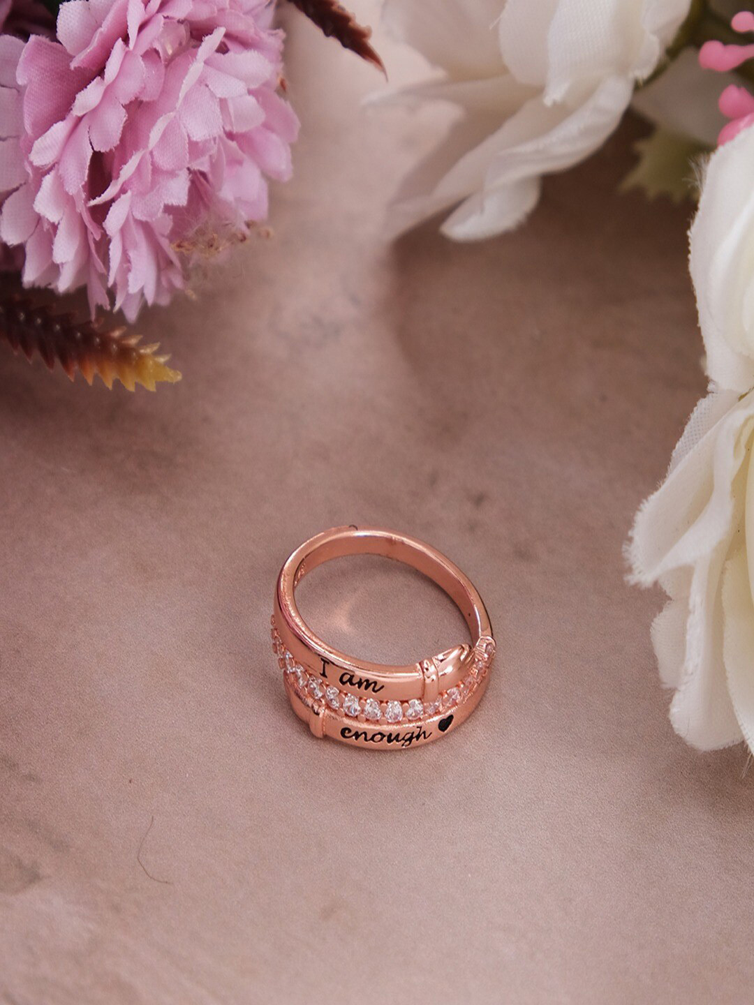 UNIVERSITY TRENDZ Rose-Gold Plated Crystal Studded - I am Enough Hug Ring
