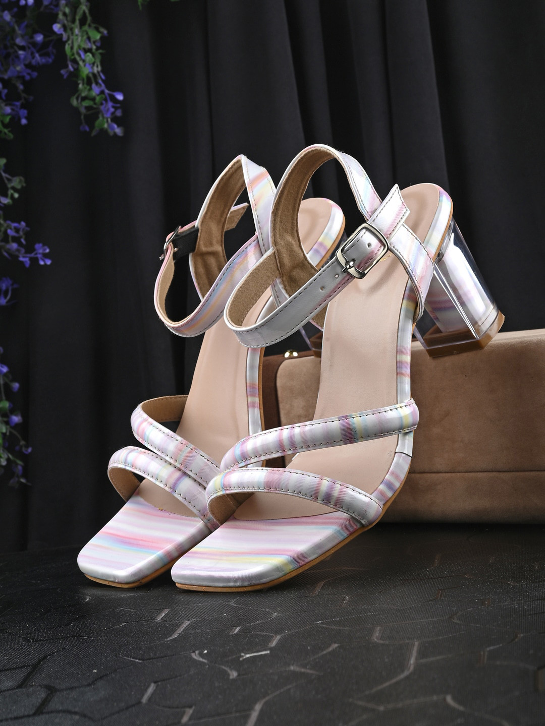 PANAHI Printed Open Toe Block Heels With Buckle Closure