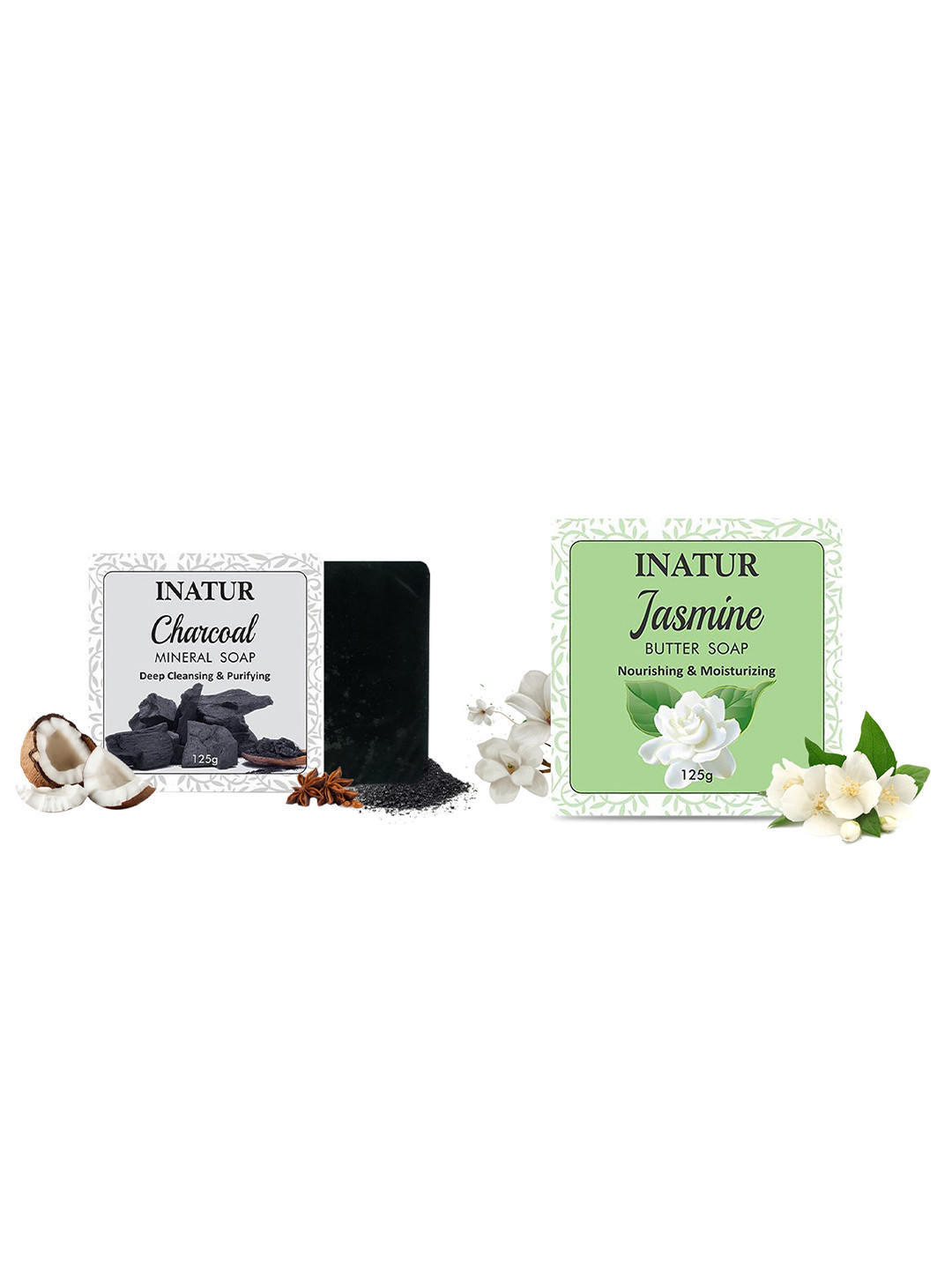Inatur Combo Of 2 Charcoal Mineral Soap & Jasmine Butter Soap- 125gm Each