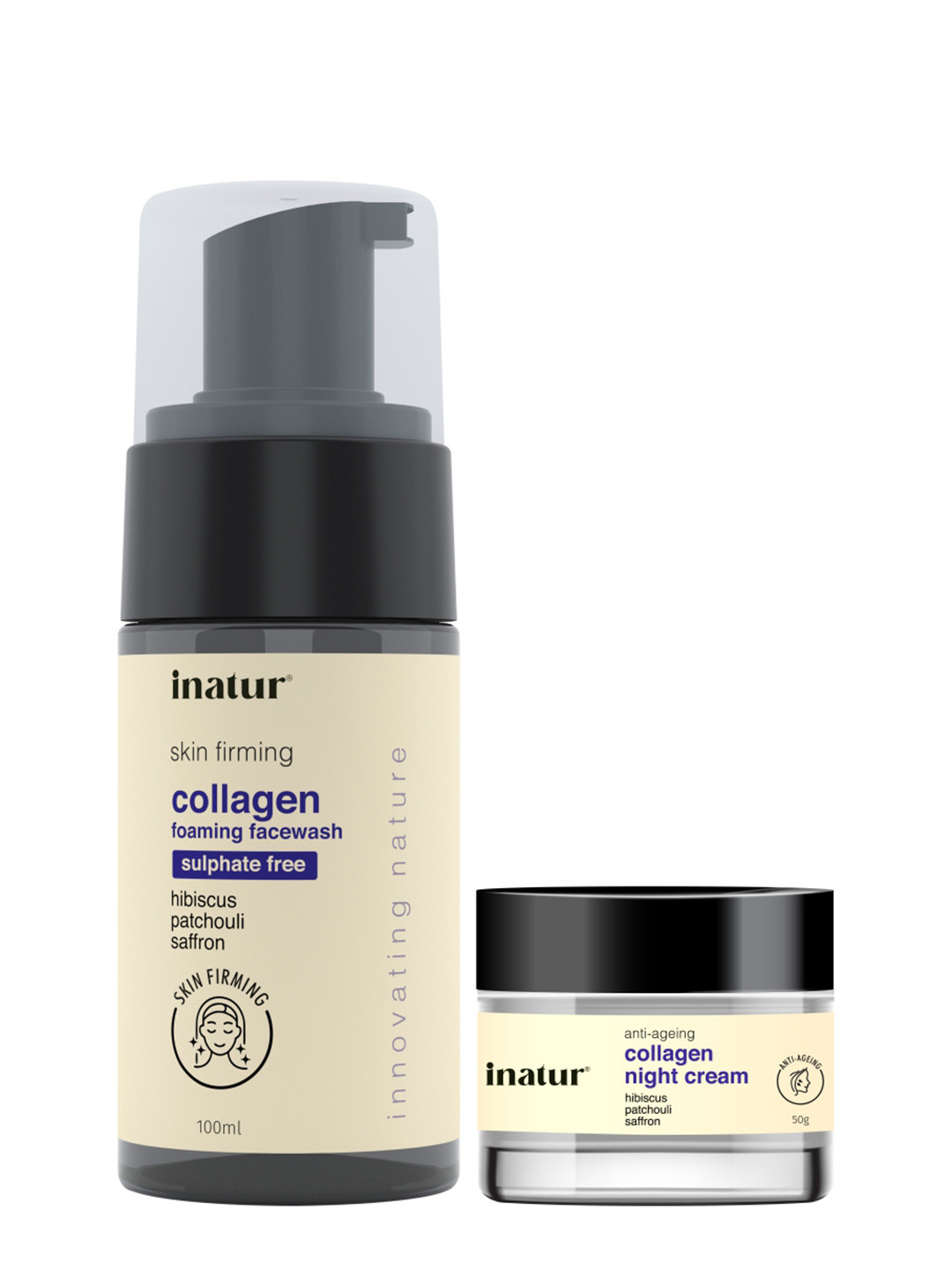 Inatur Combo of 2 Collagen Night Cream 50g & Collagen Cleansing Foam Anti Aging 100ml
