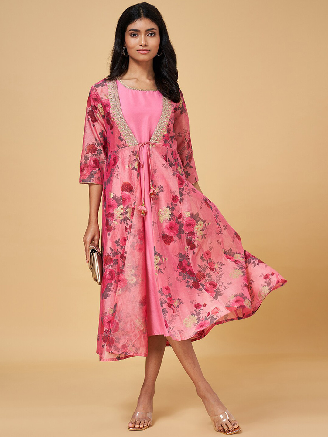 RANGMANCH BY PANTALOONS Sleeveless Silk A-Line Midi Dress With Shrug