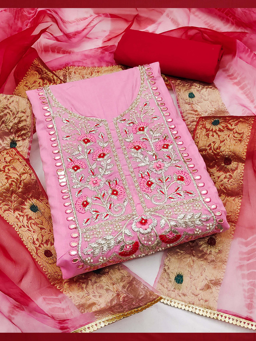 KALINI Floral Mirror Work Embroidered Unstitched Dress Material