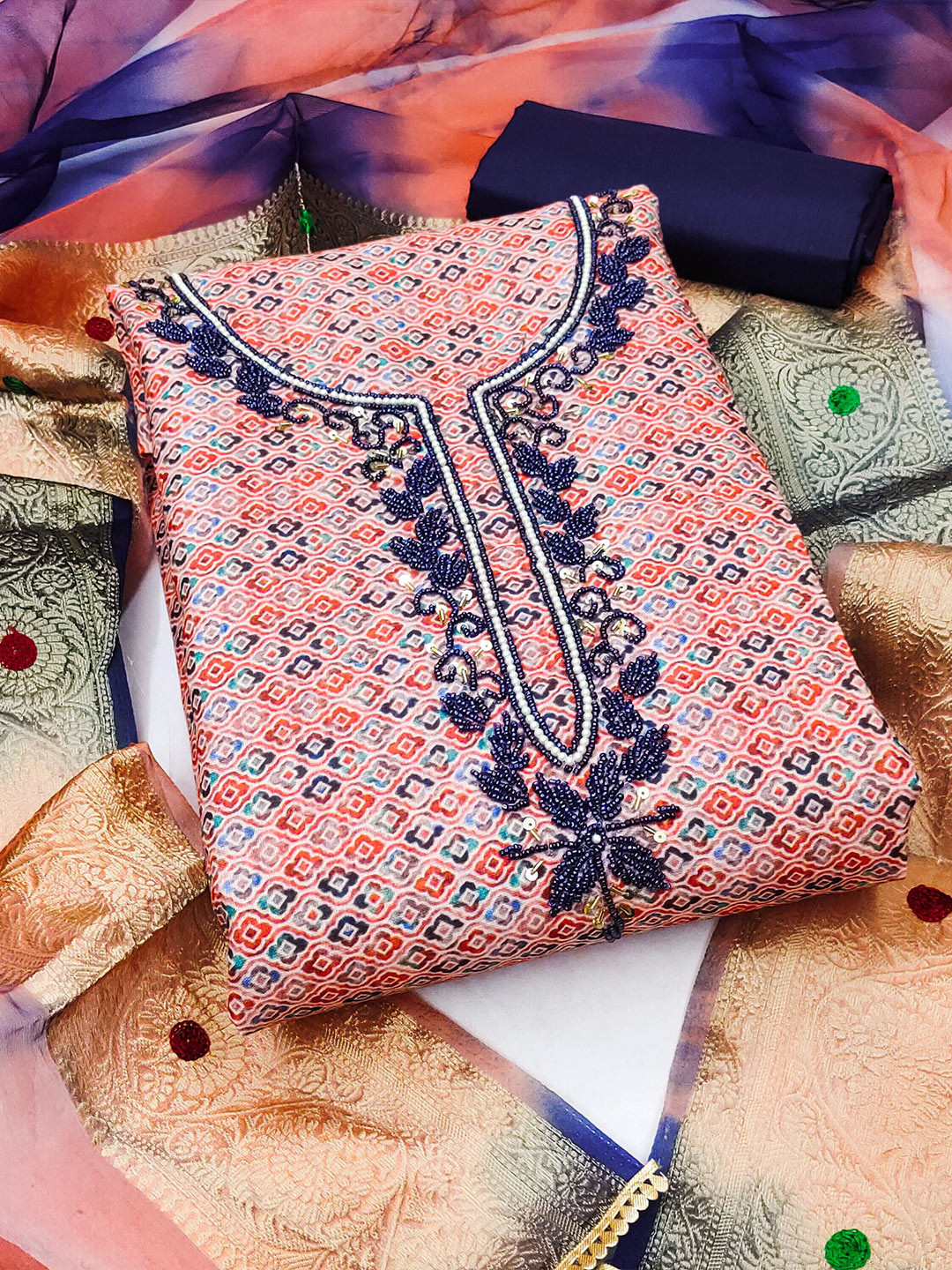 KALINI Ethnic Motifs Beads & Stones Embroidered Pure Cotton Unstitched Dress Material