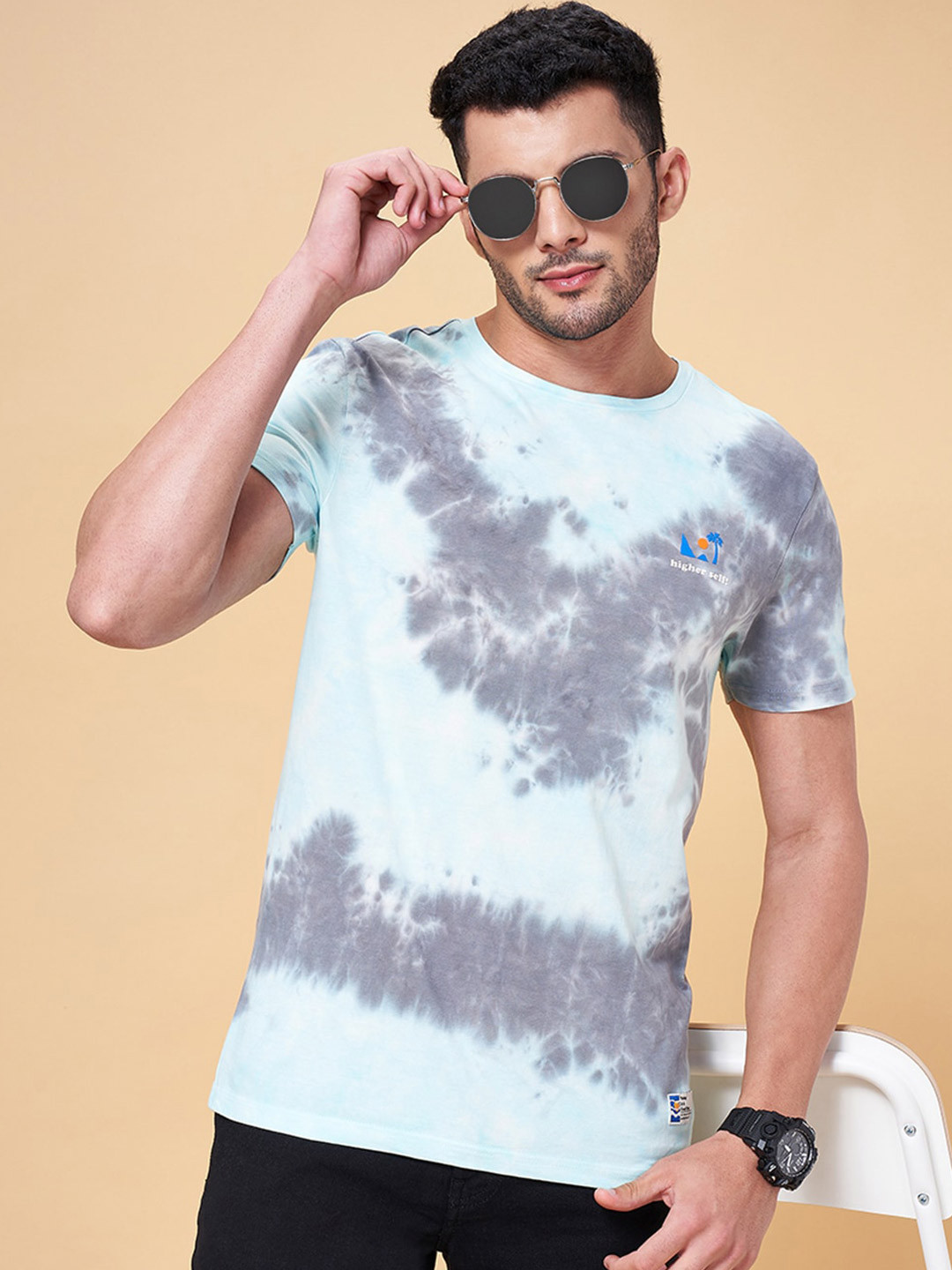 People Sea Green & Grey Tie and Dye Slim Fit Knitted Cotton T-Shirt