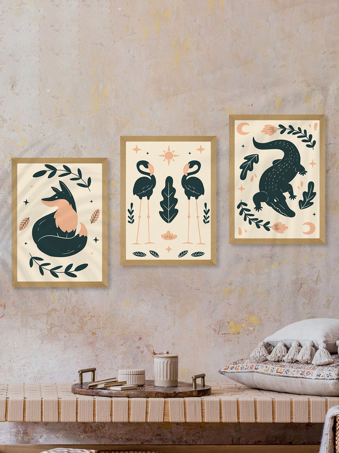 SAF Peach-Color & Green 3 Pieces Printed Framed Wall Arts