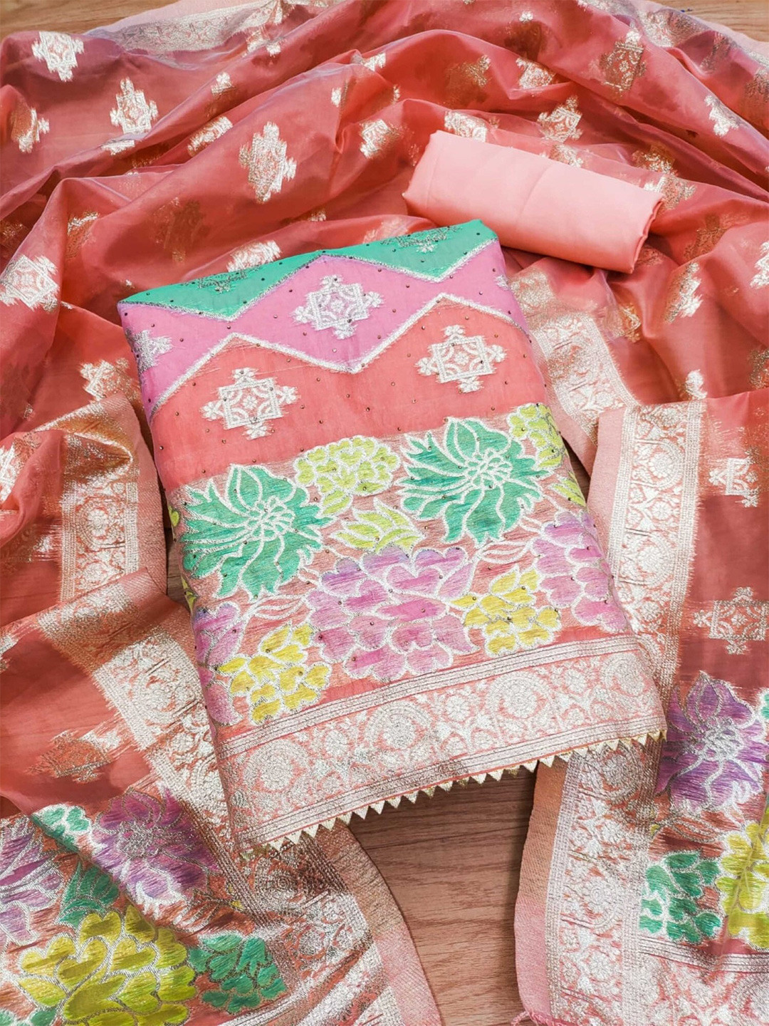 KALINI Woven Design Organza Unstitched Dress Material