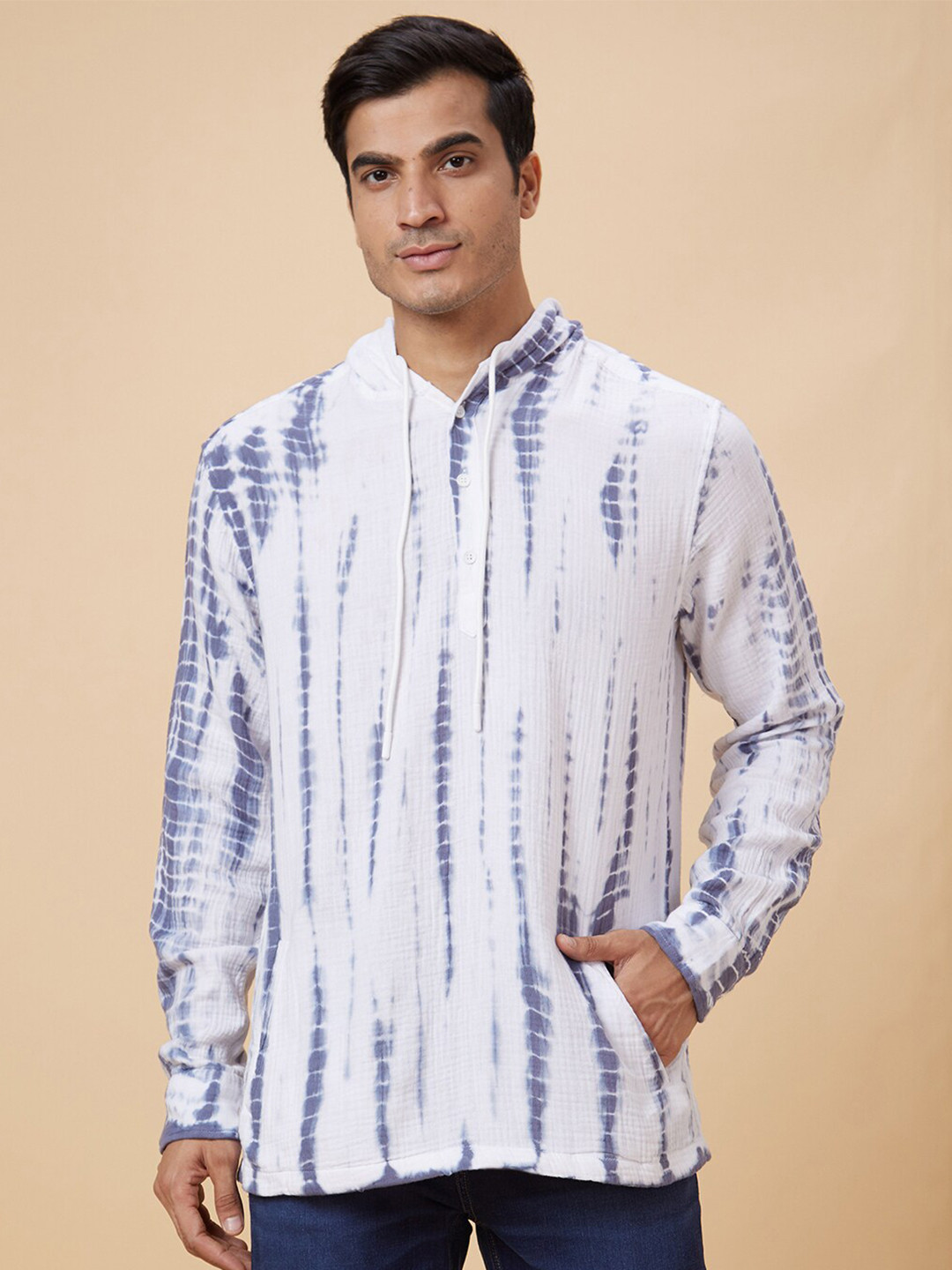 Globus White Tie & Dye Hooded Pure Cotton Casual Shirt
