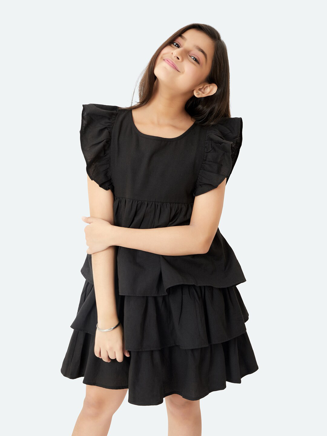 Olele Girls Lilli Layered Flutter Sleeves Linen Fit & Flare Dress