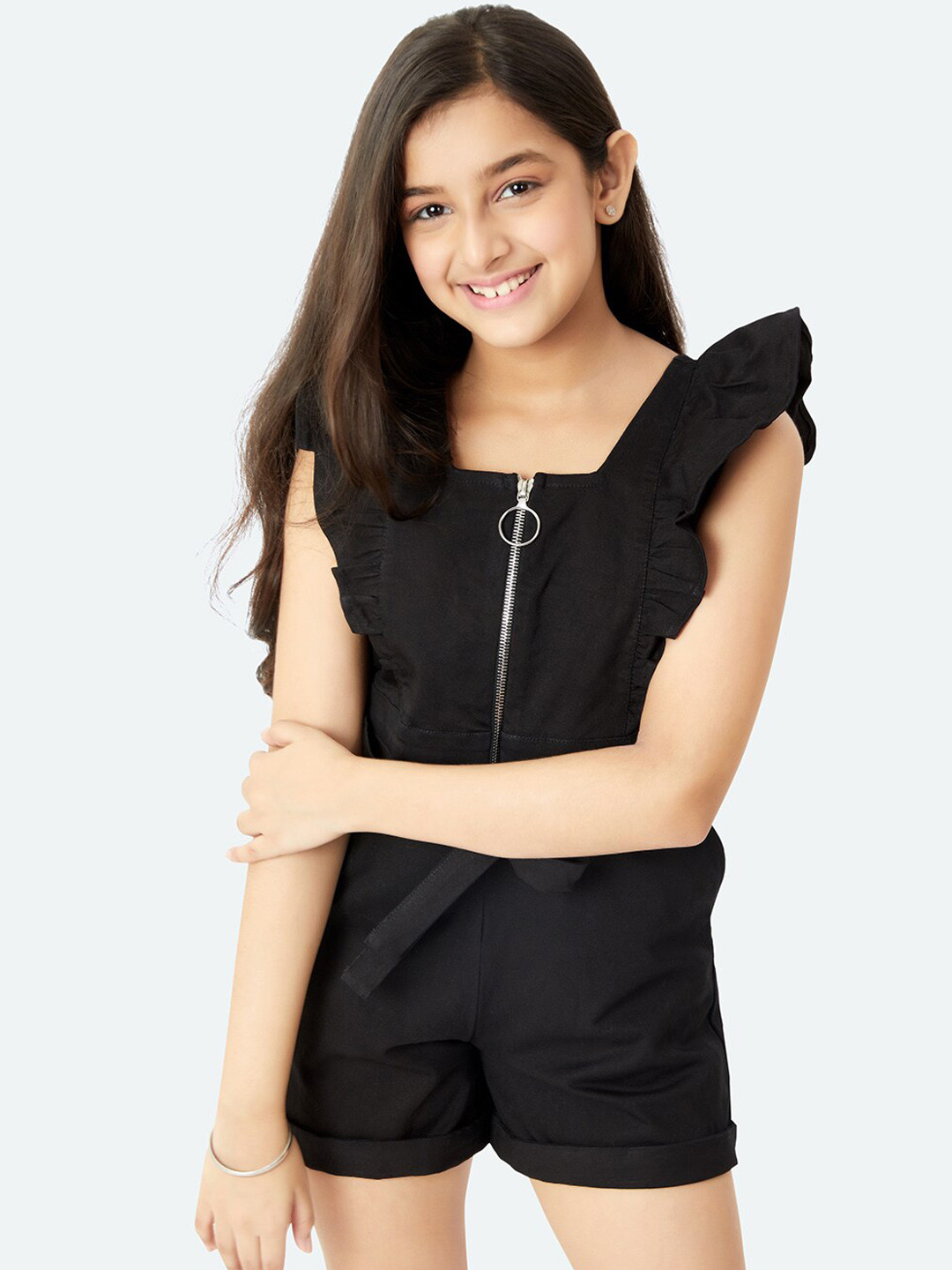 Olele Girls Rocket Ruffled Square Neck Organic Cotton Romper