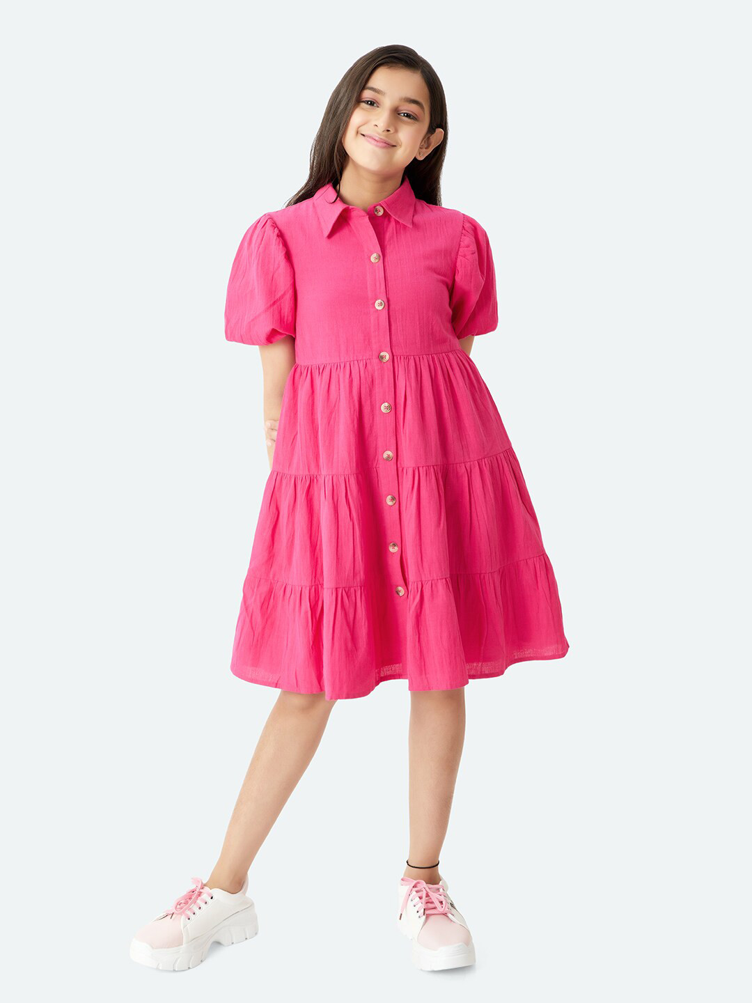 Olele Lucy Pink Puff Sleeve Ruffled Shirt Dress