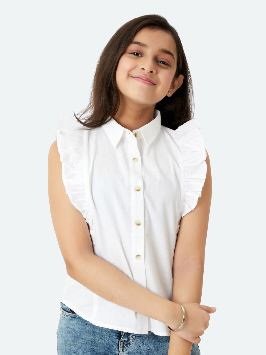 Olele Girls Sleeveless Ruffles Detail Twill Weave Casual Shirt