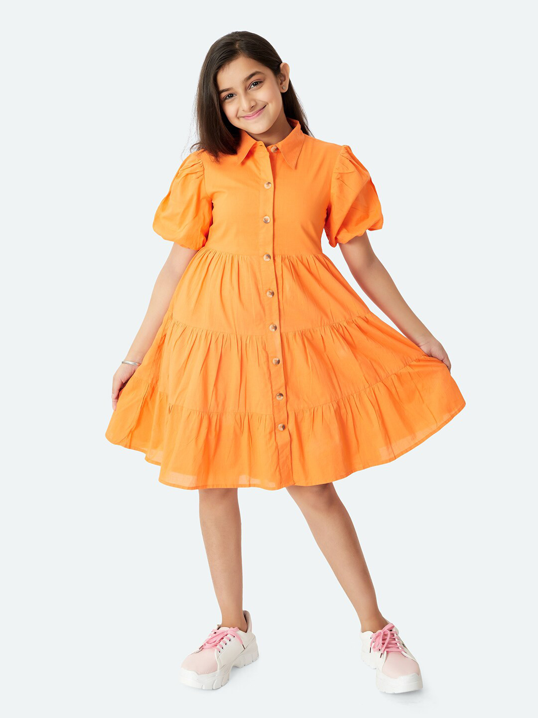 Olele Tiered Shirt Collar A-Line Cotton Dress