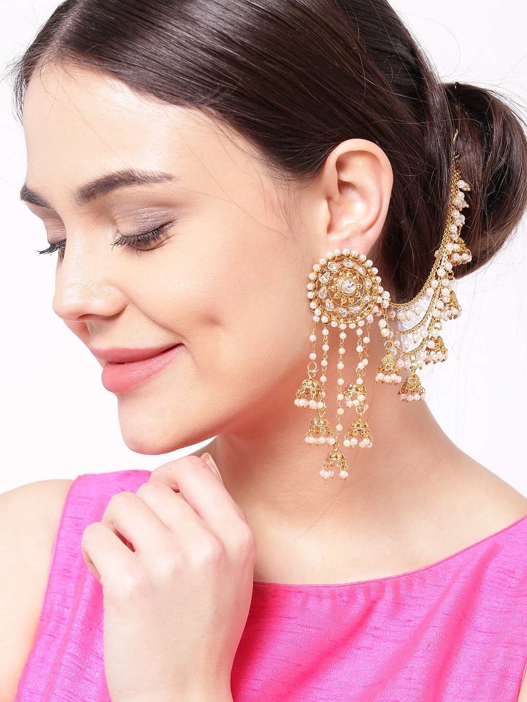 Buy Priyaasi Off White 18K Gold Plated Beaded Handcrafted Jhumkas With Ear  Chain - Earrings for Women 2342189 | Myntra
