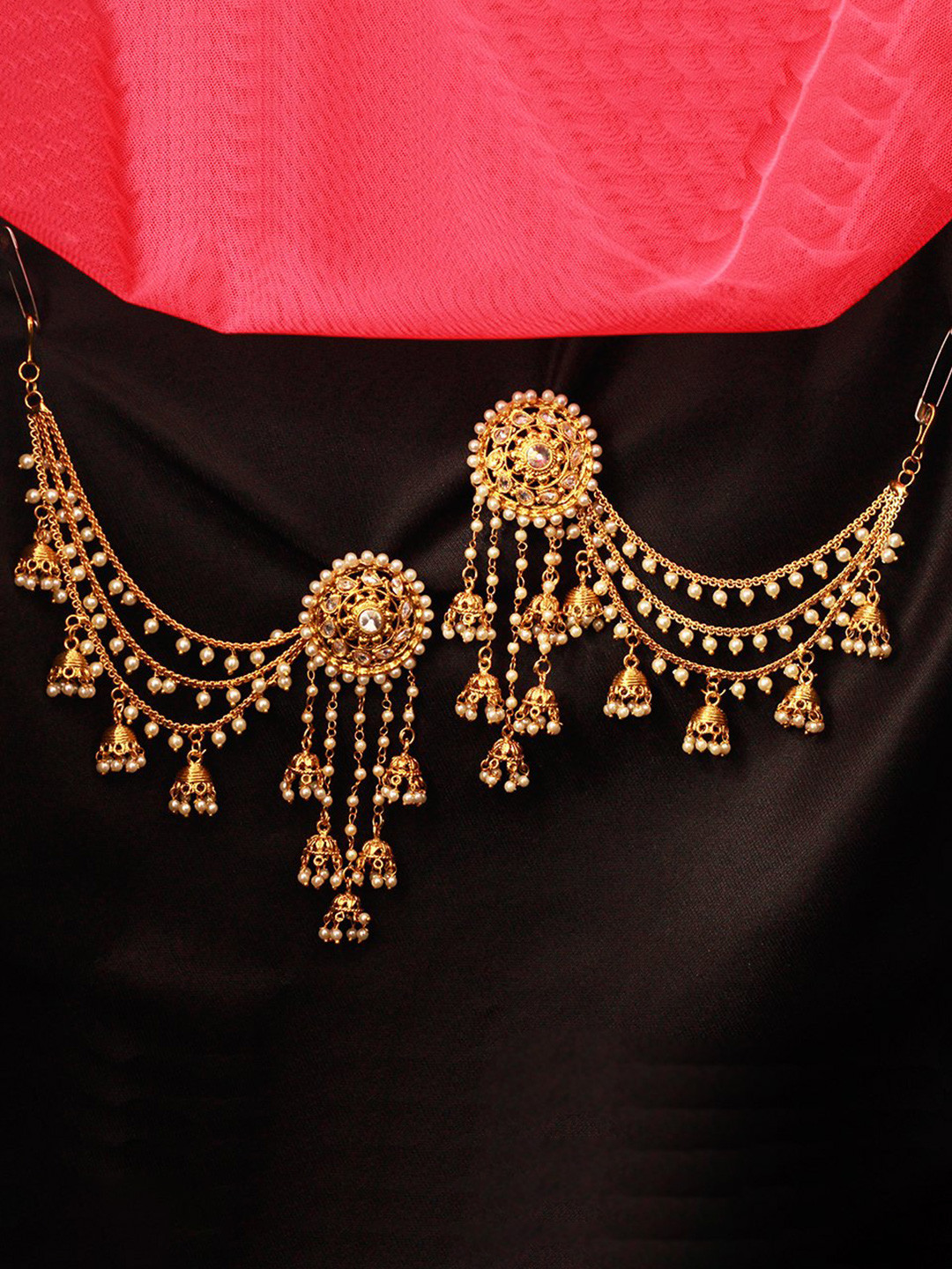 Priyaasi Off-White 18K Gold-Plated Beaded Handcrafted Jhumkas with Ear Chain