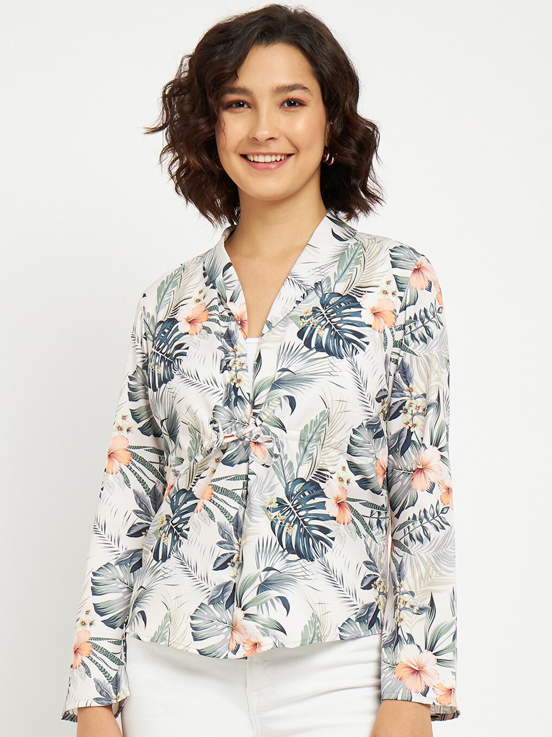 BRINNS Floral Print Waist Tie-Ups Crepe Shirt Style Top