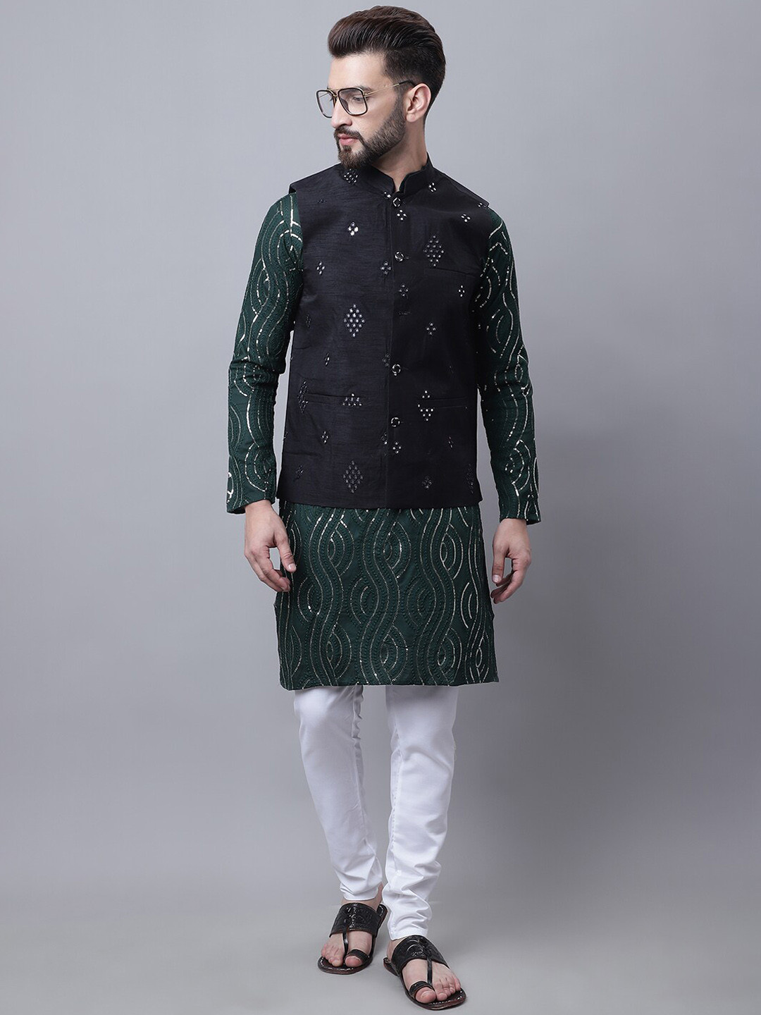 SOJANYA Men Embroidered Sequinned Pure Cotton Kurta With Pyjamas & Nehru Jacket