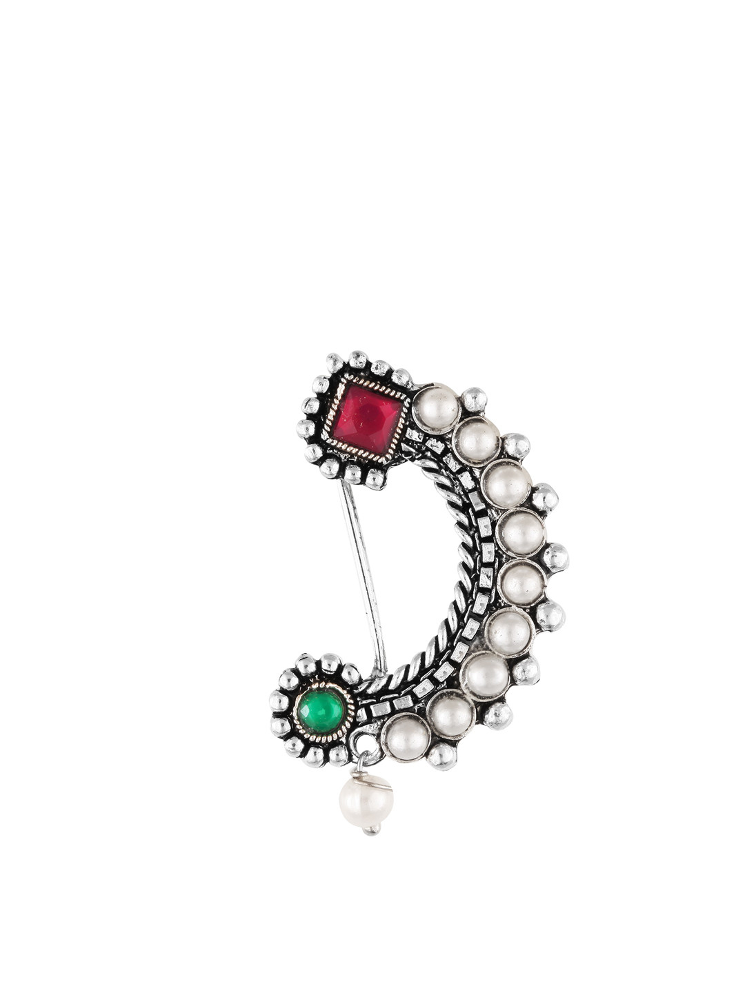 Vighnaharta Rhodium-Plated CZ Stone Non Piercing Maharashtrian Nath Nathiya