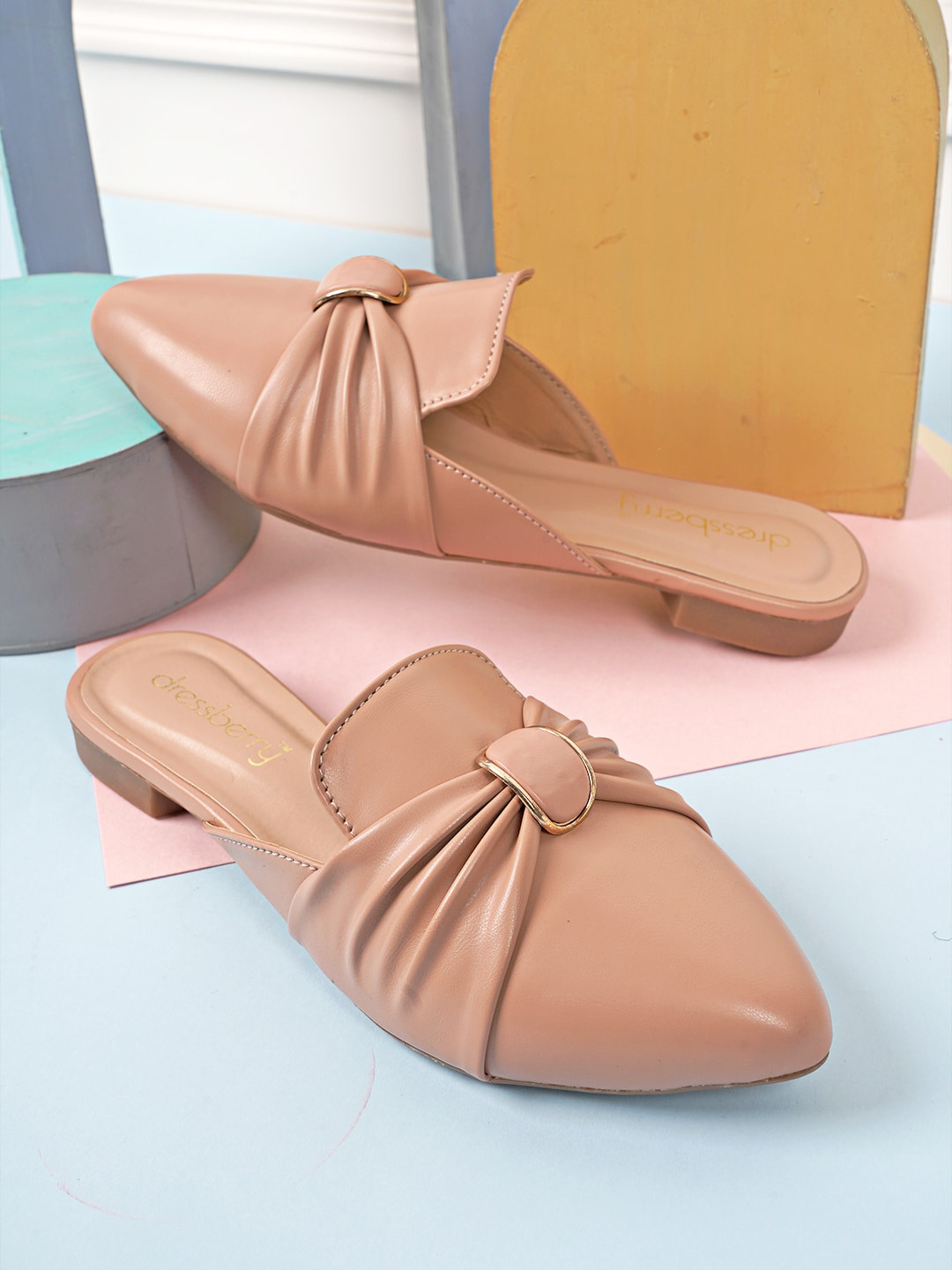 DressBerry Women Beige Pointed Toe Mules With Bows