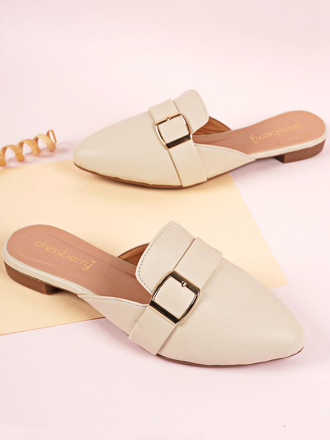 DressBerry Women Cream-Coloured Pointed Toe Mules With Buckle Detail