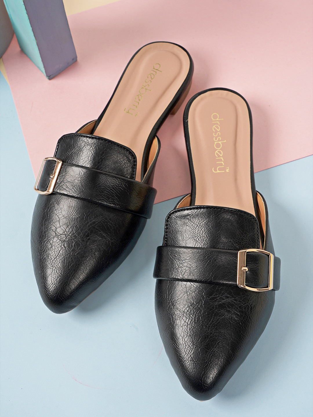 DressBerry Women Black & Gold Toned Pointed Toe Mules With Buckle Detail