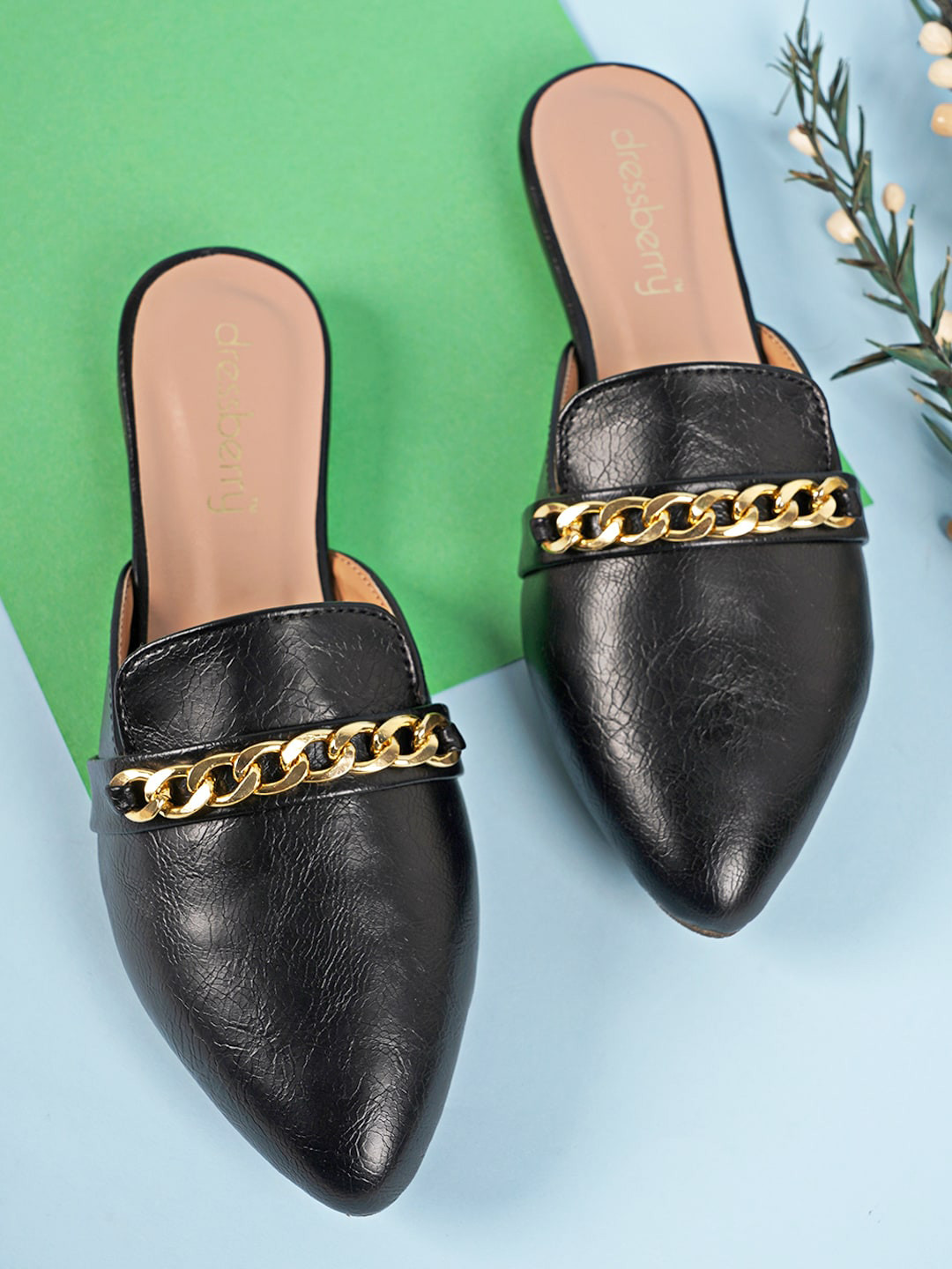 DressBerry Women Black & Gold Toned Embellished Pointed Toe Mules