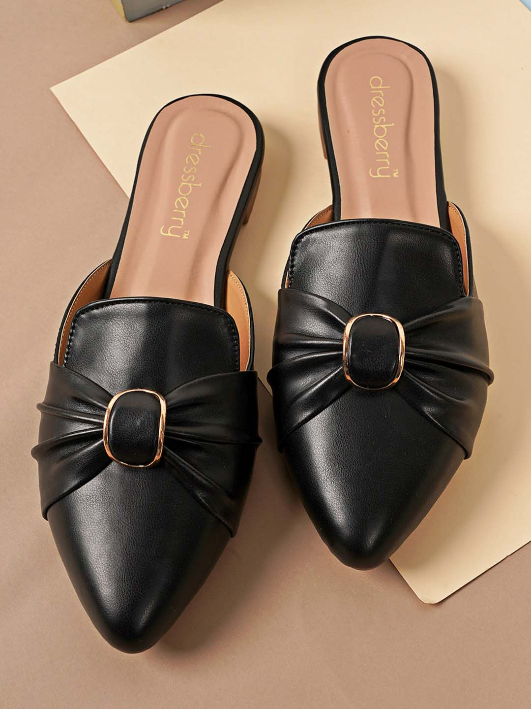 DressBerry Black Bow Detail Pointed Toe Mules