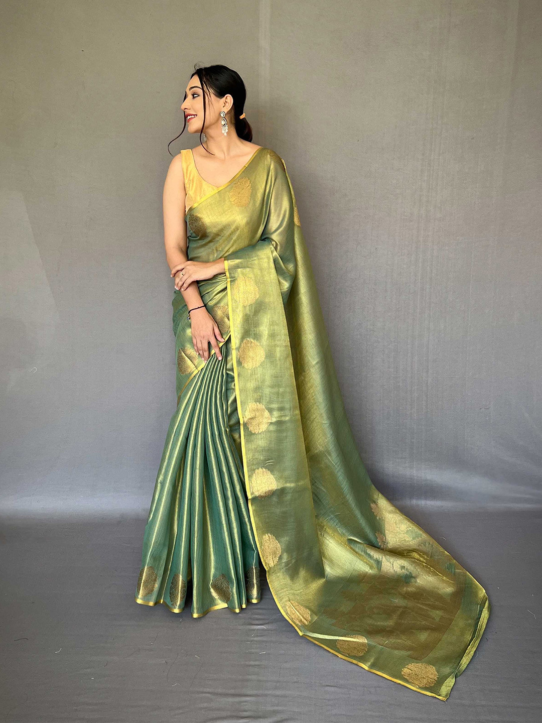 Mitera Green & Gold-Toned Woven Design Zari Tissue Saree