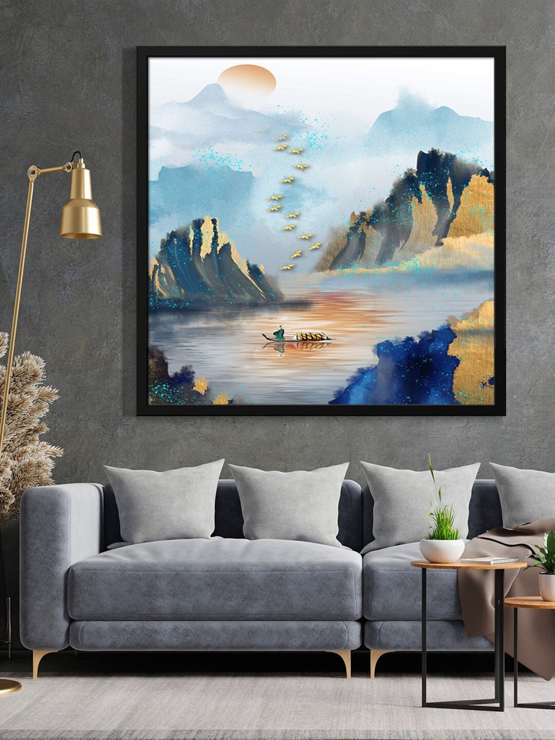 999Store MenIn Boat With Mountain Canvas Wall Rectangle Paintings Wall Art - 36 x 36In