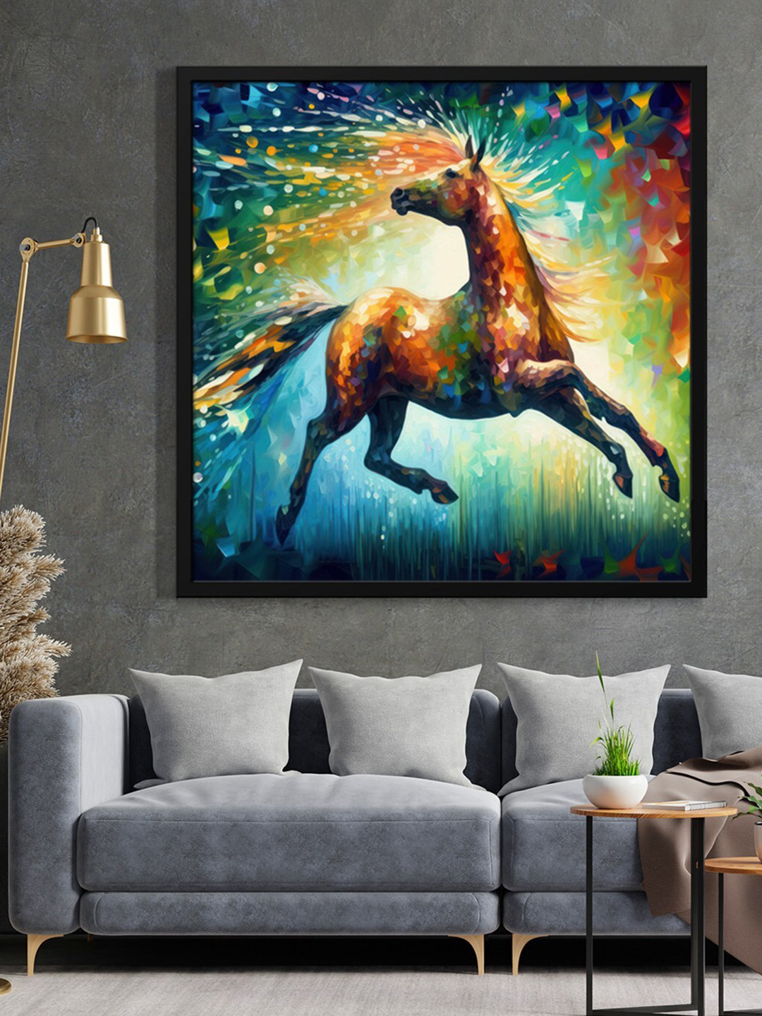 999Store Green & Brown Horse With Abstract Effect Printed Framed Wall Art
