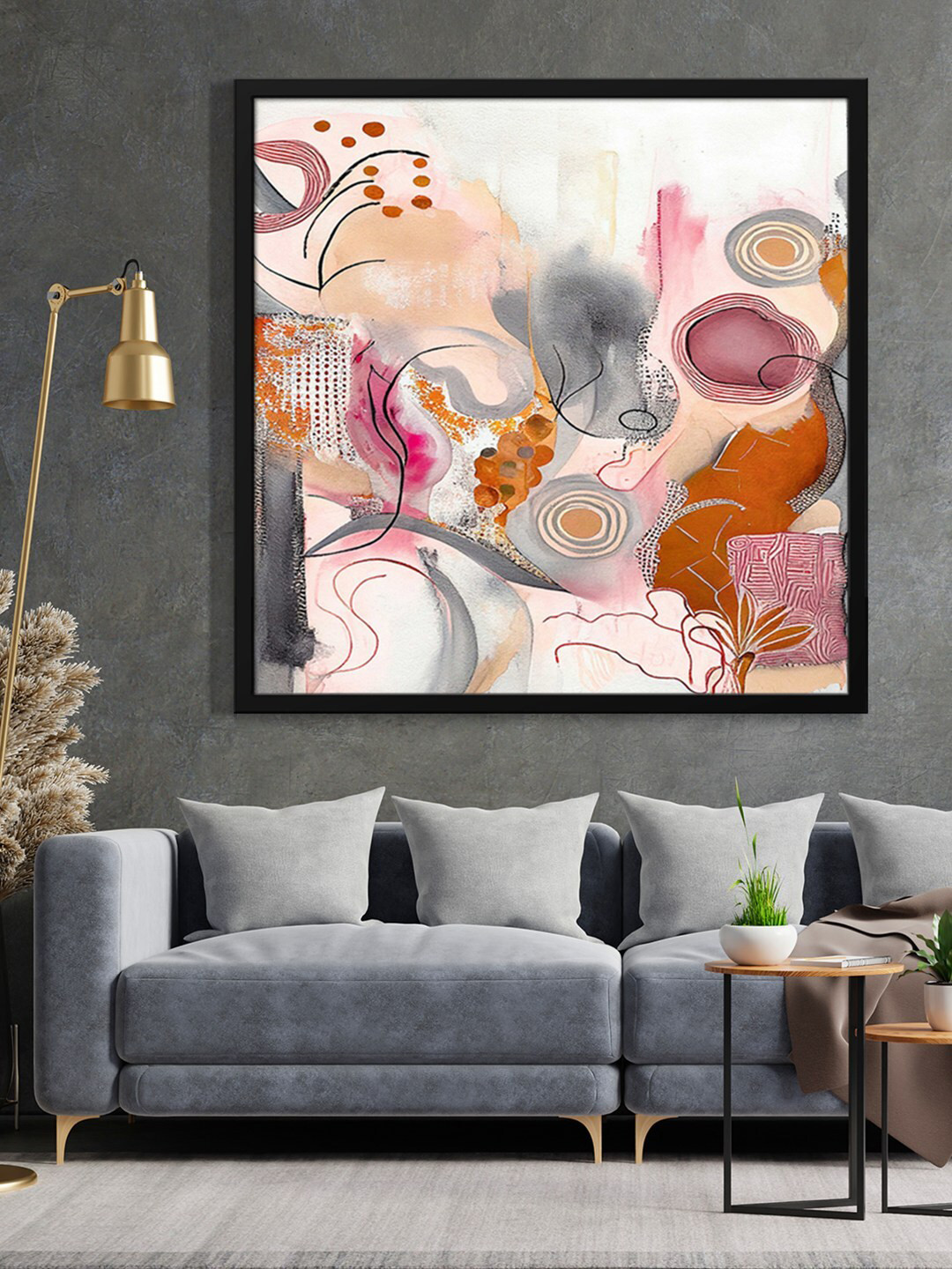 999Store Pink & Grey Abstract With Leaf Printed Framed Wall Art