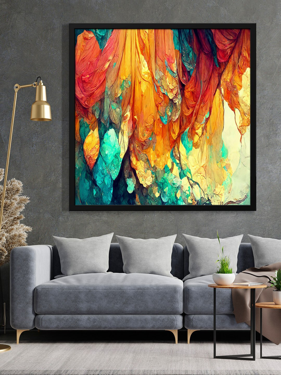 999Store Orange-Color & Blue Abstract Printed Framed Wall Art