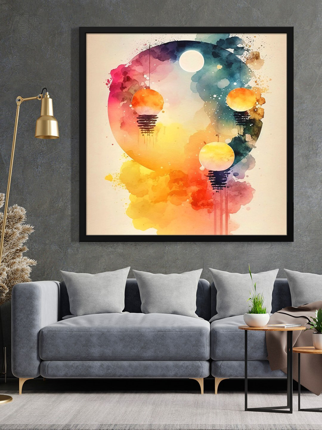 999Store Blue & Yellow Abstract With Moon And Sun Effect Printed Framed Wall Art