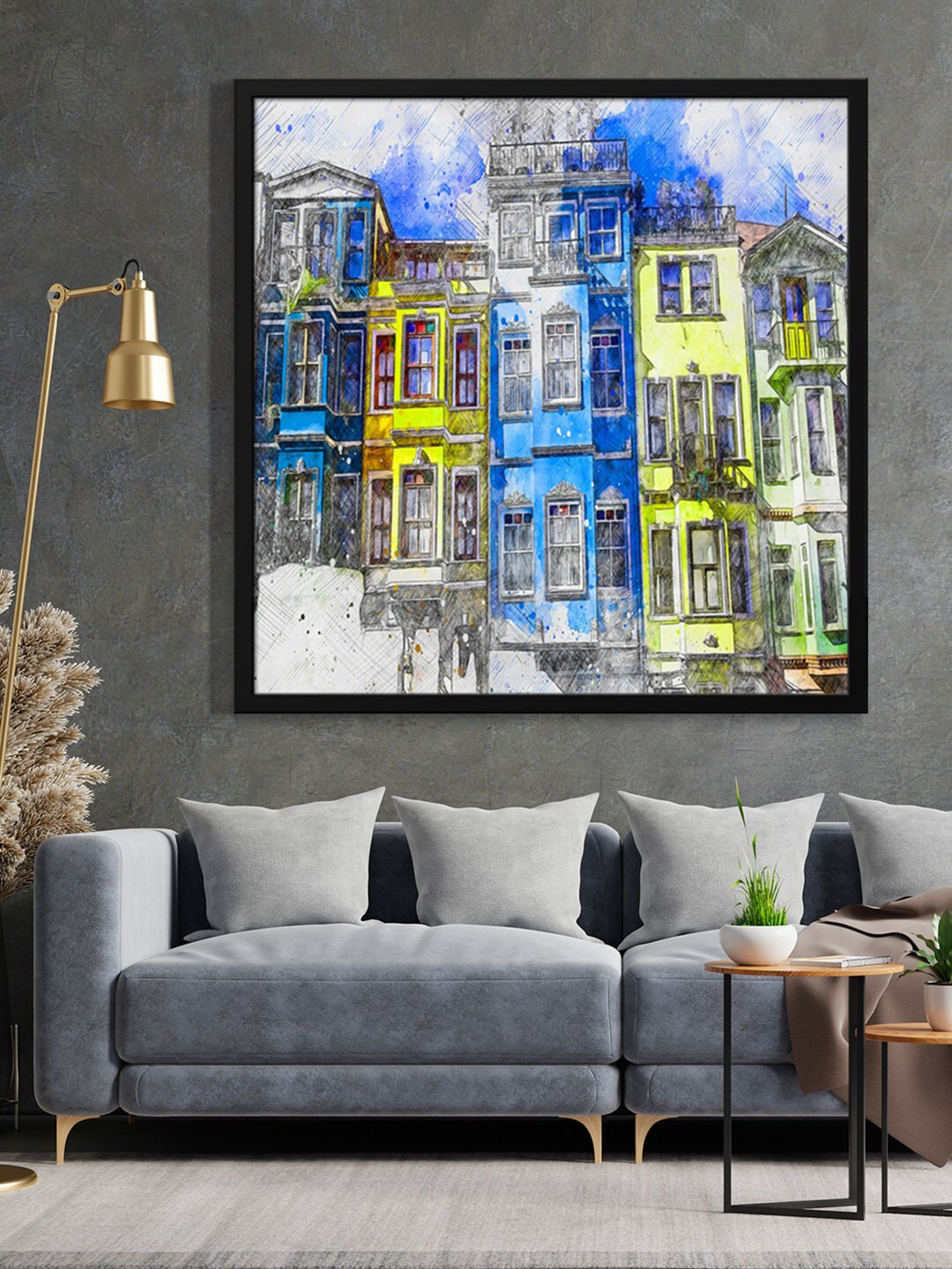 999Store Blue & Grey House View Printed Framed Wall Art