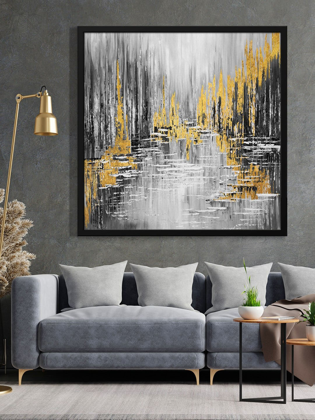 999Store Grey & Yellow Abstract Printed Framed Wall Art