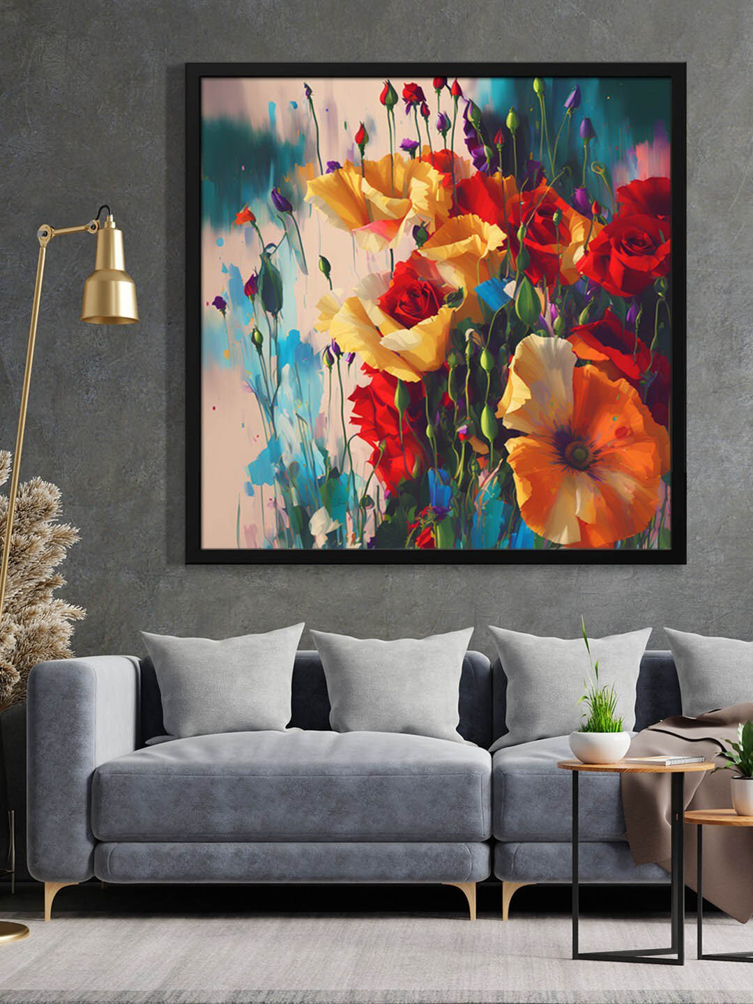 999Store Blue & Peach Colored Flower Modern Framed Painting Wall Art