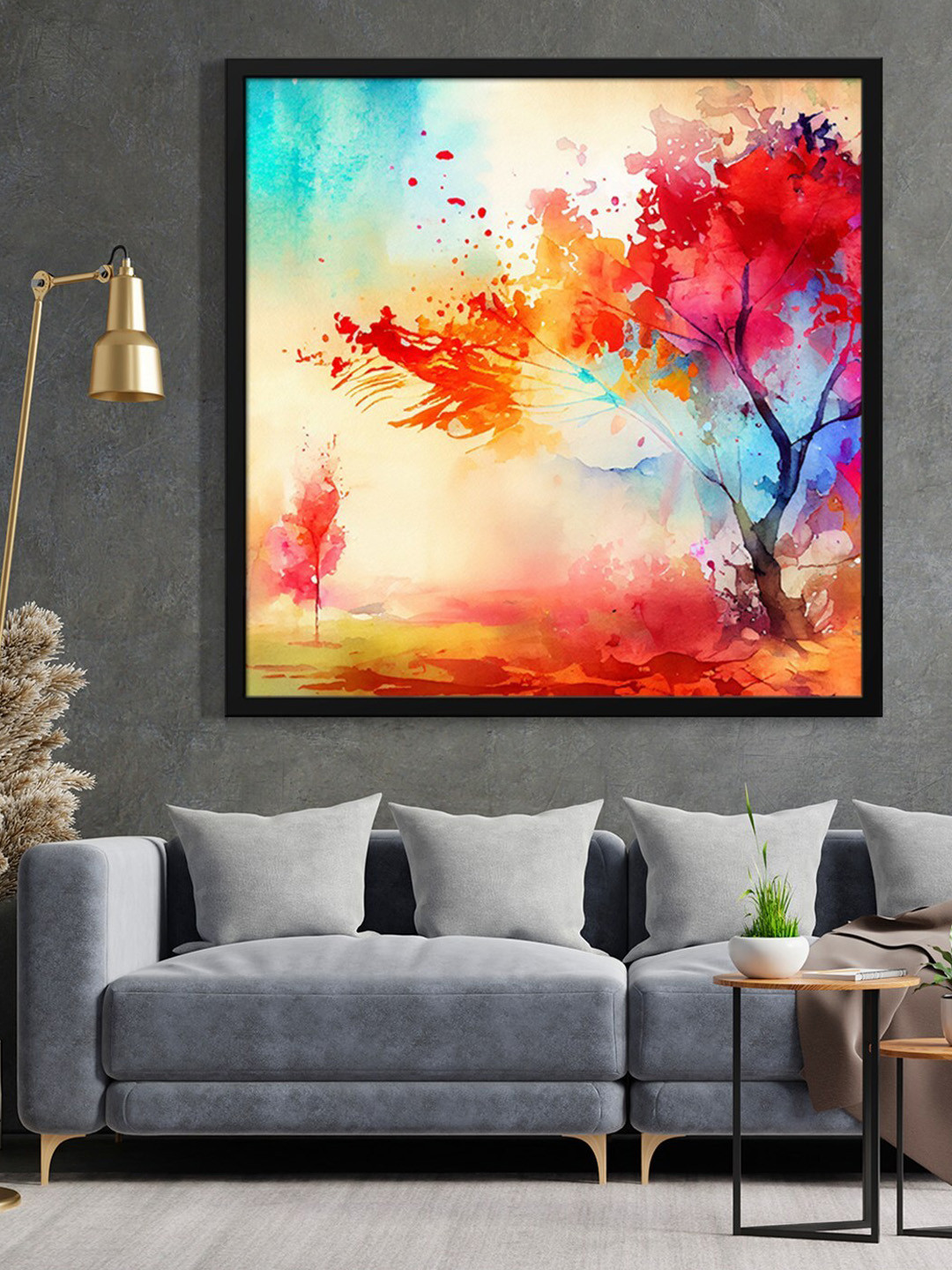 999Store Blue & Red Tree Painted Framed Wall Art