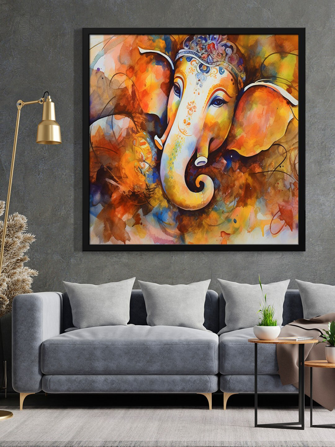 999Store Orange-Color Lord Ganesha With Abstract Effect Background Painted Framed Wall Art