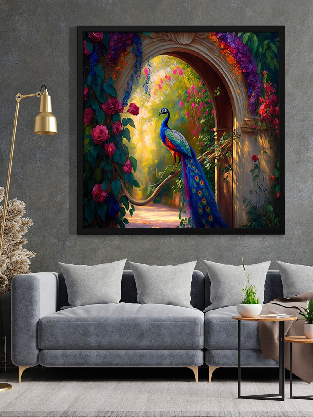 999Store Blue & Beige Peacock Painted Framed Wall Art