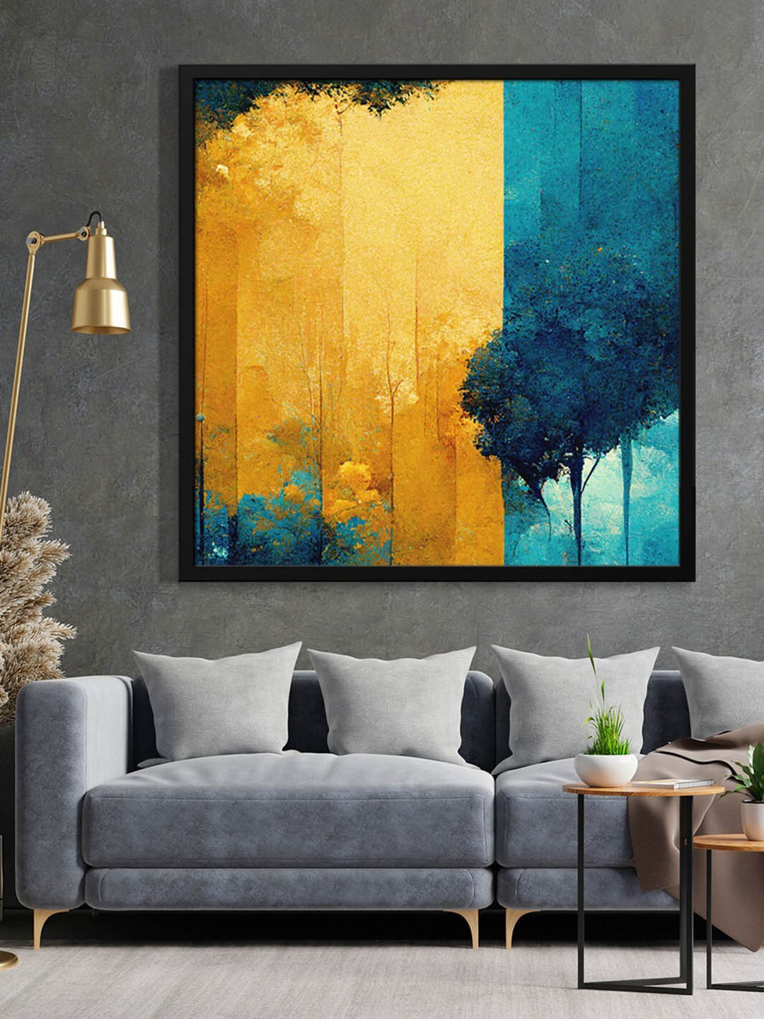 999Store Yellow & Blue Abstract Painted Framed Wall Art