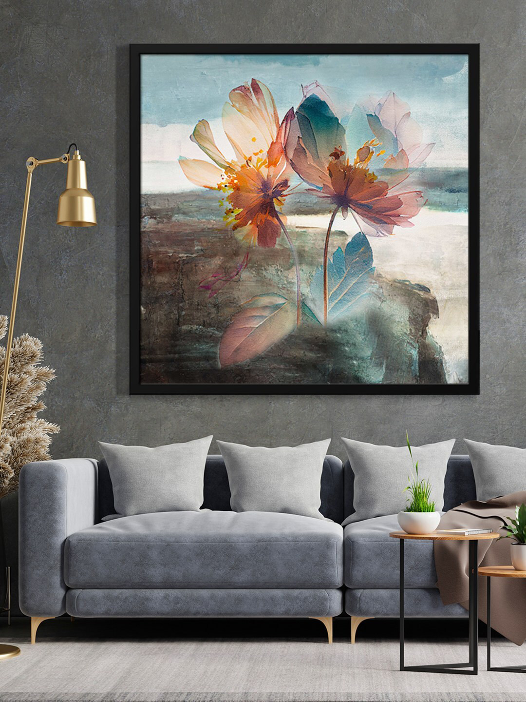 999Store Blue & Grey Tow Flower Painted Framed Wall Art