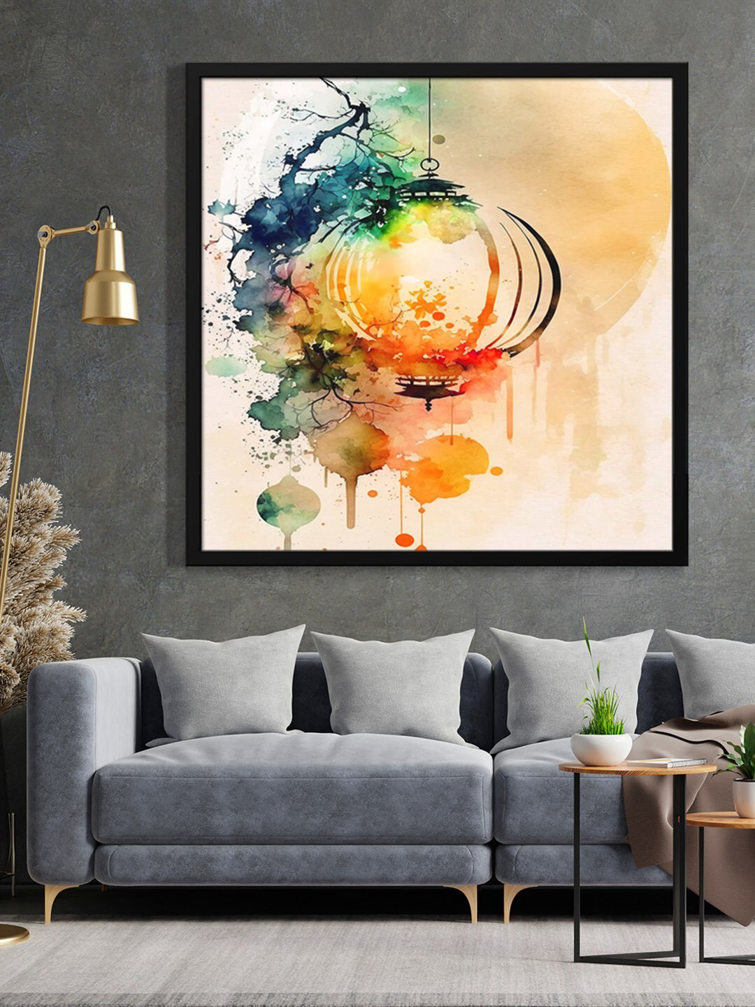 999Store Green & Peach Colored Abstract Modern Art Printed Framed Wall Art
