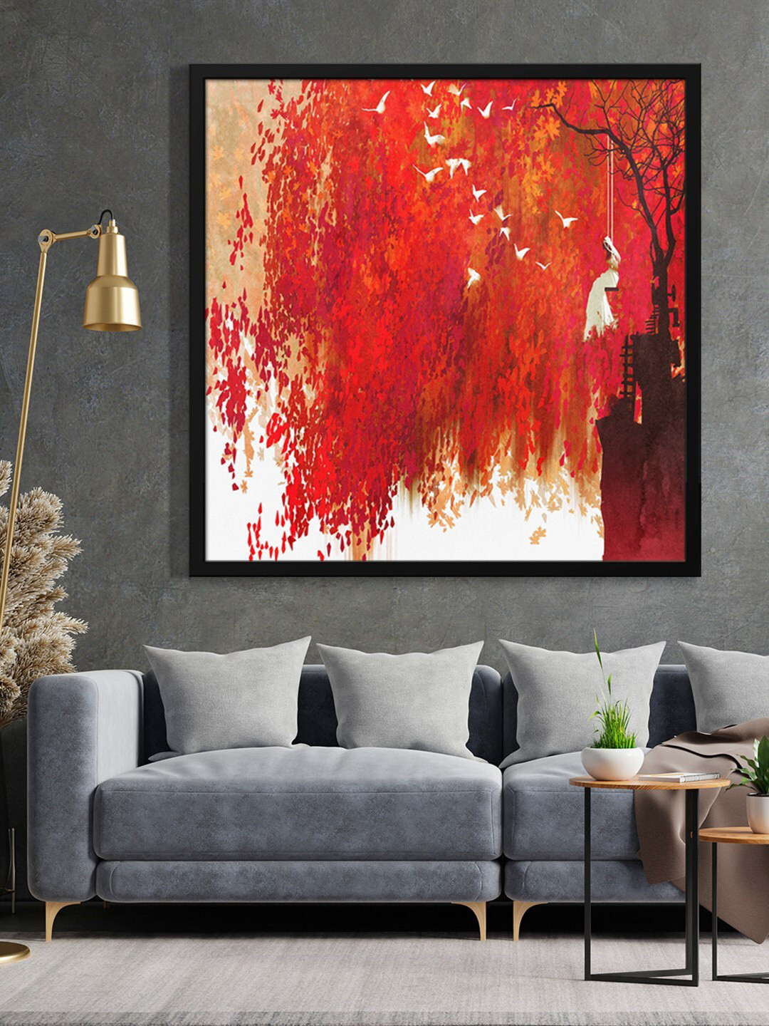 999Store Red & White Swing Tree & Flying Birds Painted Framed Wall Art