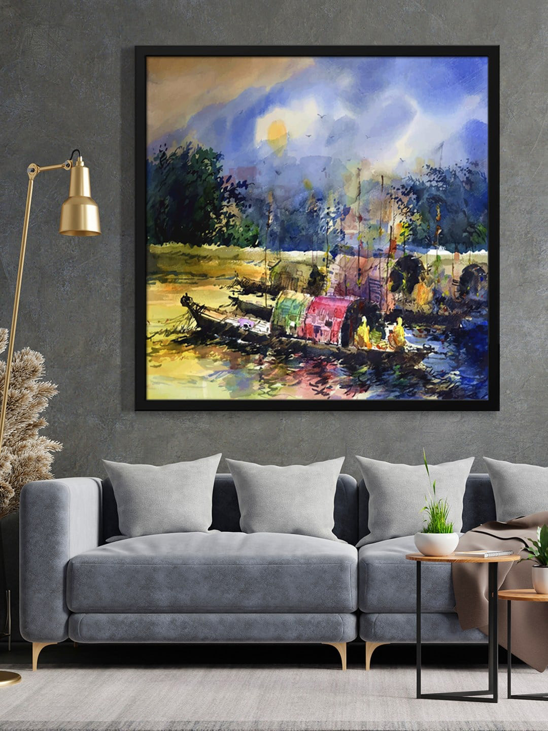 999Store Black & Blue House Boat With Sun Painted Framed Wall Art